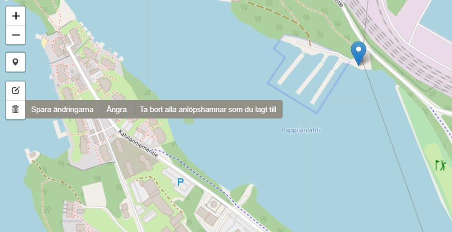 Om du vill radera anlöpshamnen du har lagt till på kartan, klicka först på ikonen med papperskorgen i kartans vänstra kant. Klicka därefter på den anlöpshamn du vill ta bort.