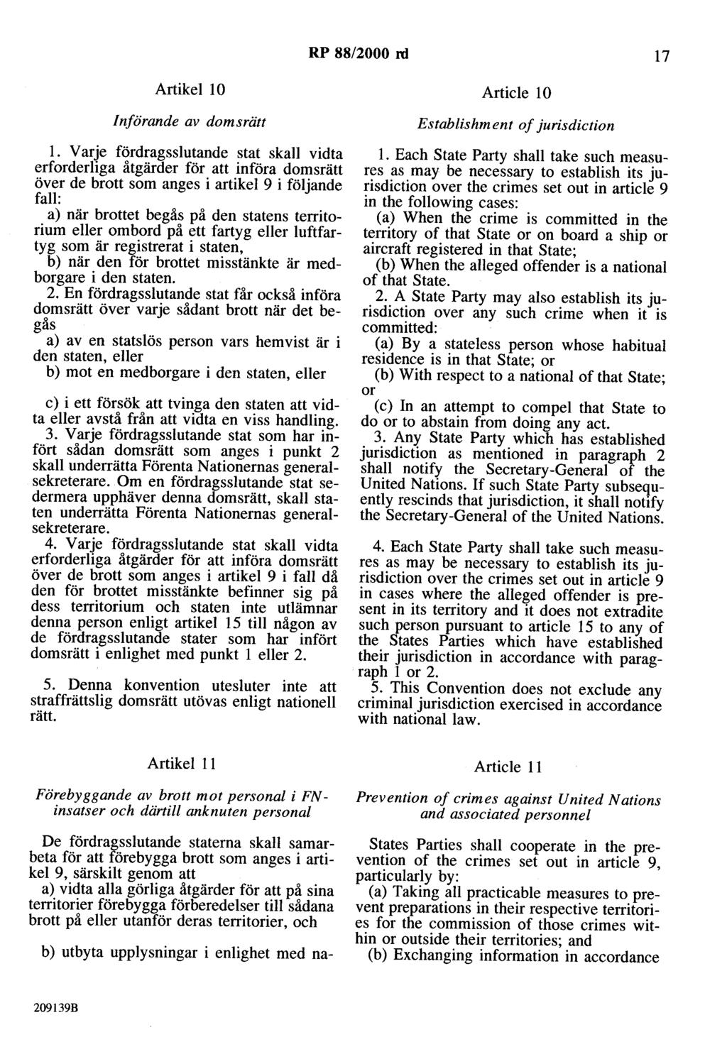RP 88/2000 rd 17 Artikel l O Artide 10 Införande av domsrätt l.