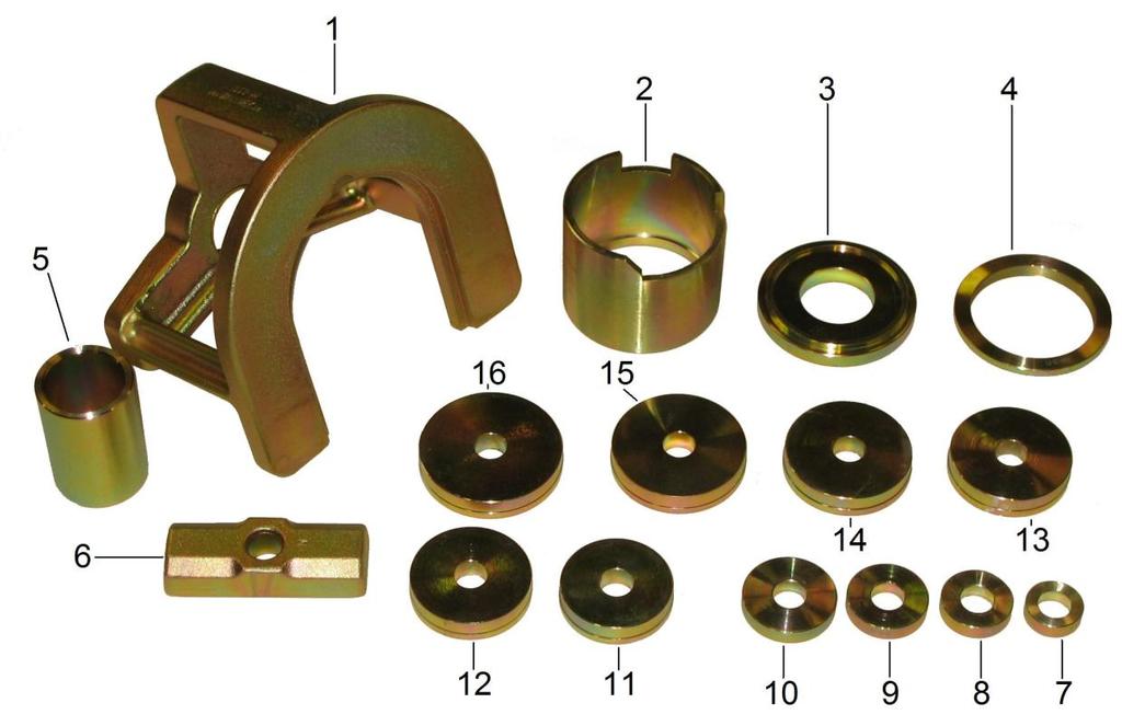 Nr. 1090-20 Universalsatz für den Austausch von Vorderradlagern mit kombiniertem Naben-/Antriebswellen-Herauspresser. 1. 1090-22 Pressbügel für Antriebswelle und Nabe 2. 1090-20-R4 Lagerschale 3.