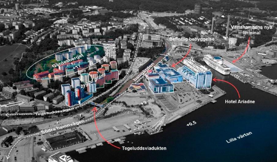 Sida 6 (20) Flygbild över Södra Värtan sett från sydost med element viktiga för stads- och landskapsbilden markerade.