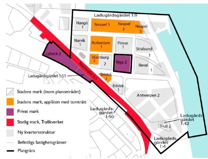 Av den framgår att Södra Värtahamnens övergripande struktur och indelning i kvarter för både upplagsplatser och bebyggelse, kajlinjer samt gatu- och