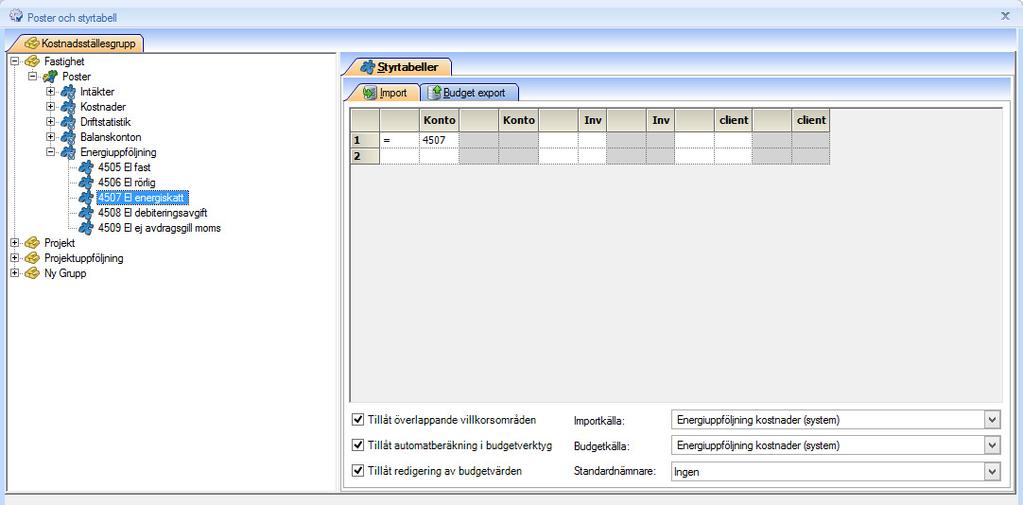 I övrigt fungerar import av kostnader och budget på samma sätt som för de övriga posterna. Istället för att hämtas från ekonomisystemet hämtas de istället från Energiuppföljning.