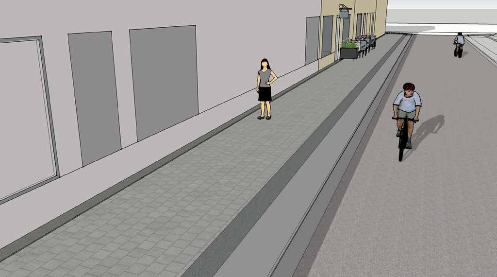FÖRSLAG UTFORMINGSPRINCIPER Förslaget tar hänsyn till den historiska huvudgatan och behåller intrycket av trottoar och gata med en liten höjdskillnad däremellan.