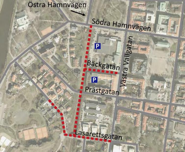 2017-08-24 18 (36) Dnr: KS 2017/0508 Alternativ 3 Östra Hamnvägen förlängs till Bäckgatan och Lasarettsgatan 2030 Bild 6. Förlängning av Östra Hamnvägen till Lasarettsgatan och Bäckgatan.