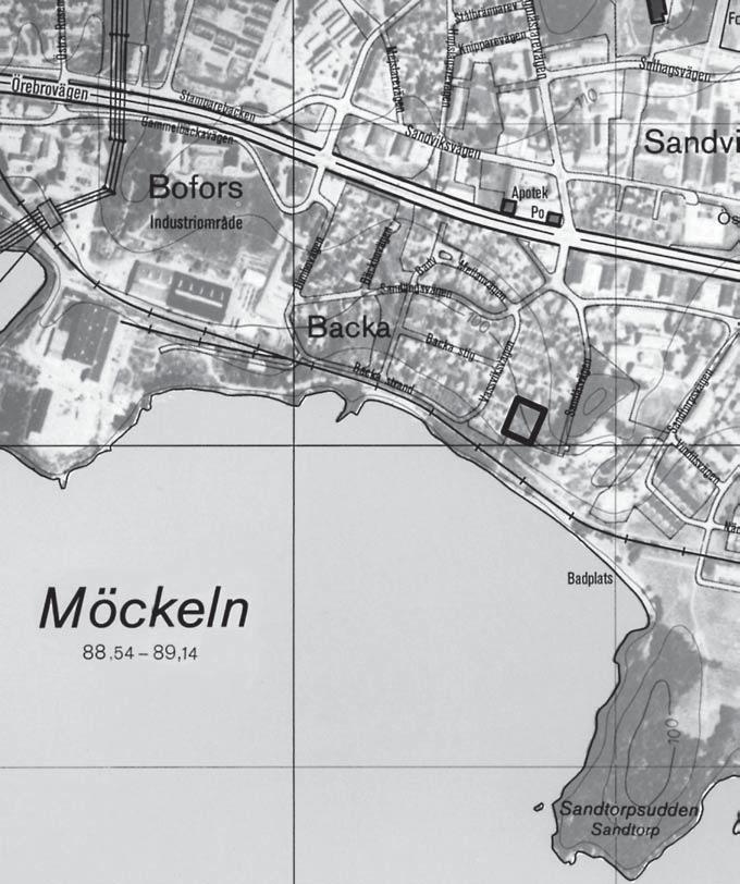 Fig. 2. Förundersökningsområdet markerat på utdrag ur Ekonomiska kartans blad 10E 5f Karlskoga. Skala 1:10 000.