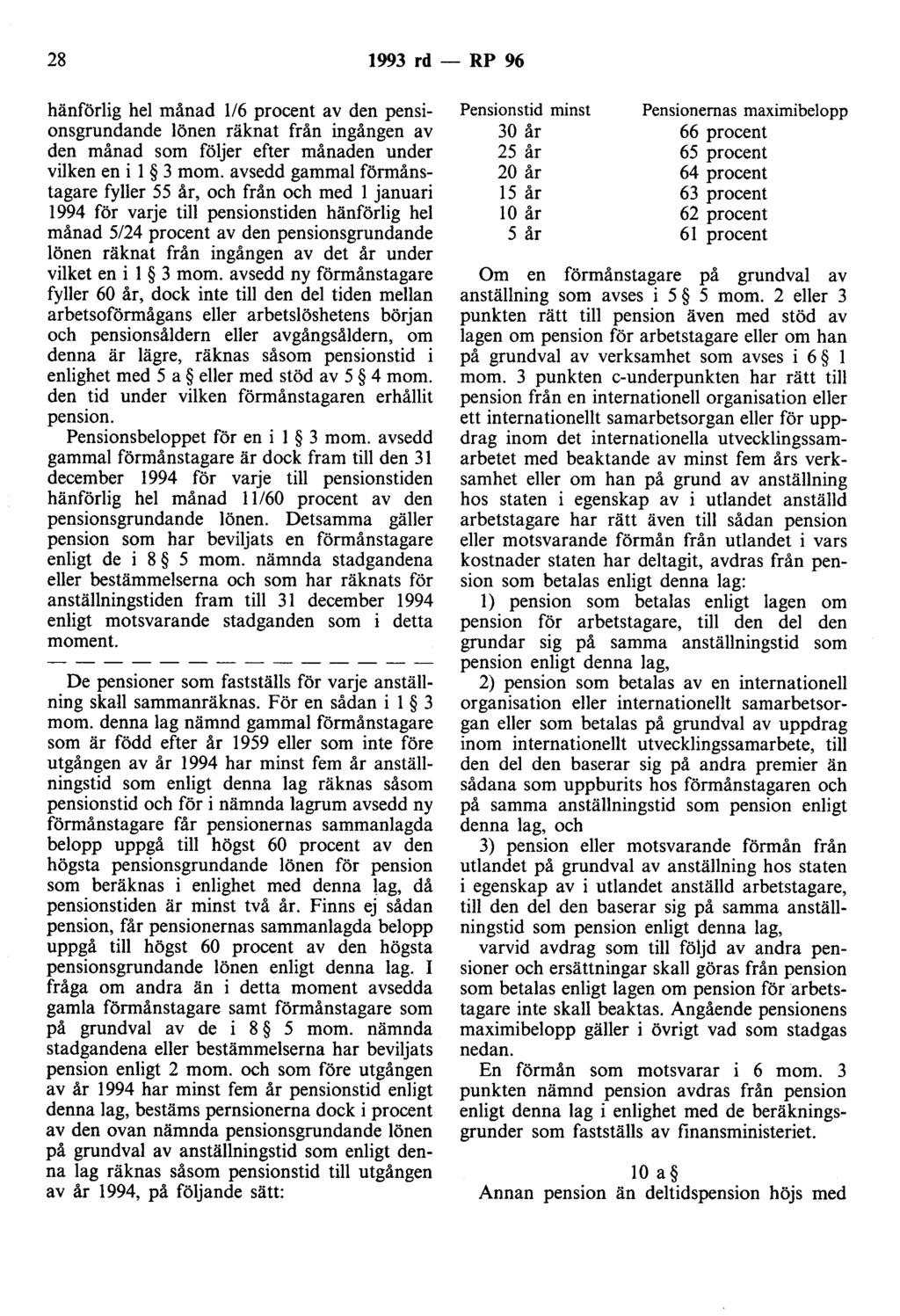 28 1993 rd - RP 96 hänförlig hel månad 1/6 procent av den pensionsgrundande lönen räknat från ingången av den månad som följer efter månaden under vilken en i l 3 mom.