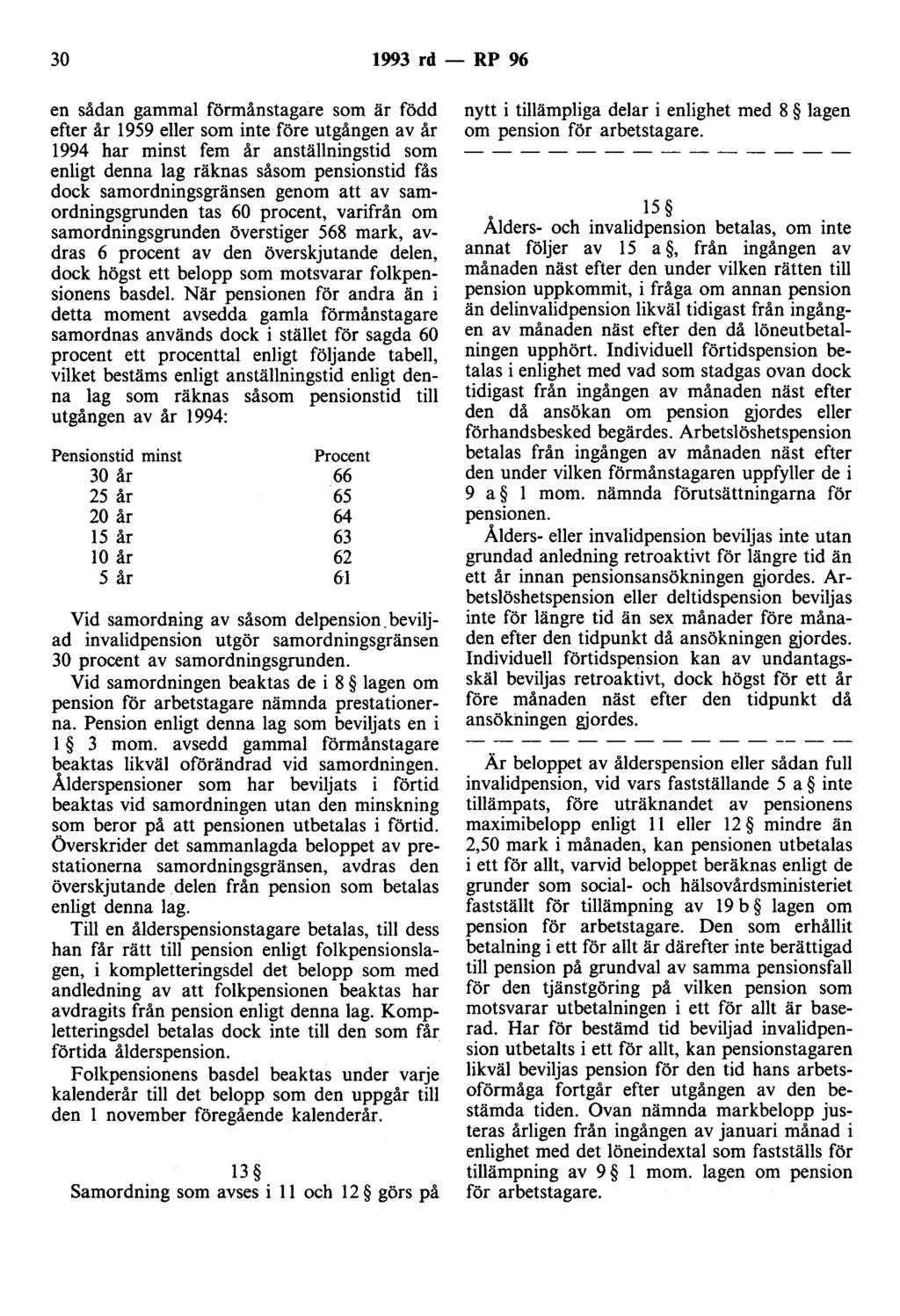 30 1993 rd - RP 96 en sådan gammal förmånstagare som är född efter år 1959 eller som inte före utgången av år 1994 har minst fem år anställningstid som enligt denna lag räknas såsom pensionstid fås