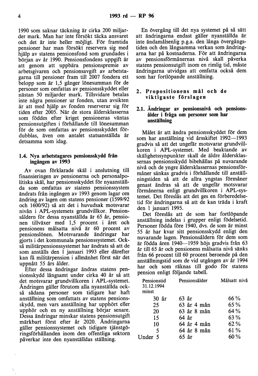 4 1993 rd - RP 96 1990 som saknar täckning är cirka 200 miljarder mark. Man har inte försökt täcka ansvaret och det är inte heller möjligt.