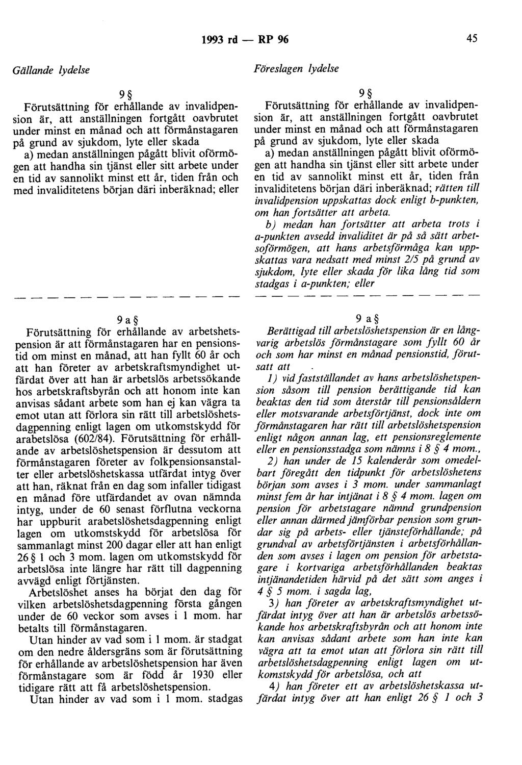 1993 rd - RP 96 45 Gällande lydelse 9 Förutsättning för erhållande av invalidpension är, att anställningen fortgått oavbrutet under minst en månad och att förmånstagaren på grund av sjukdom, lyte