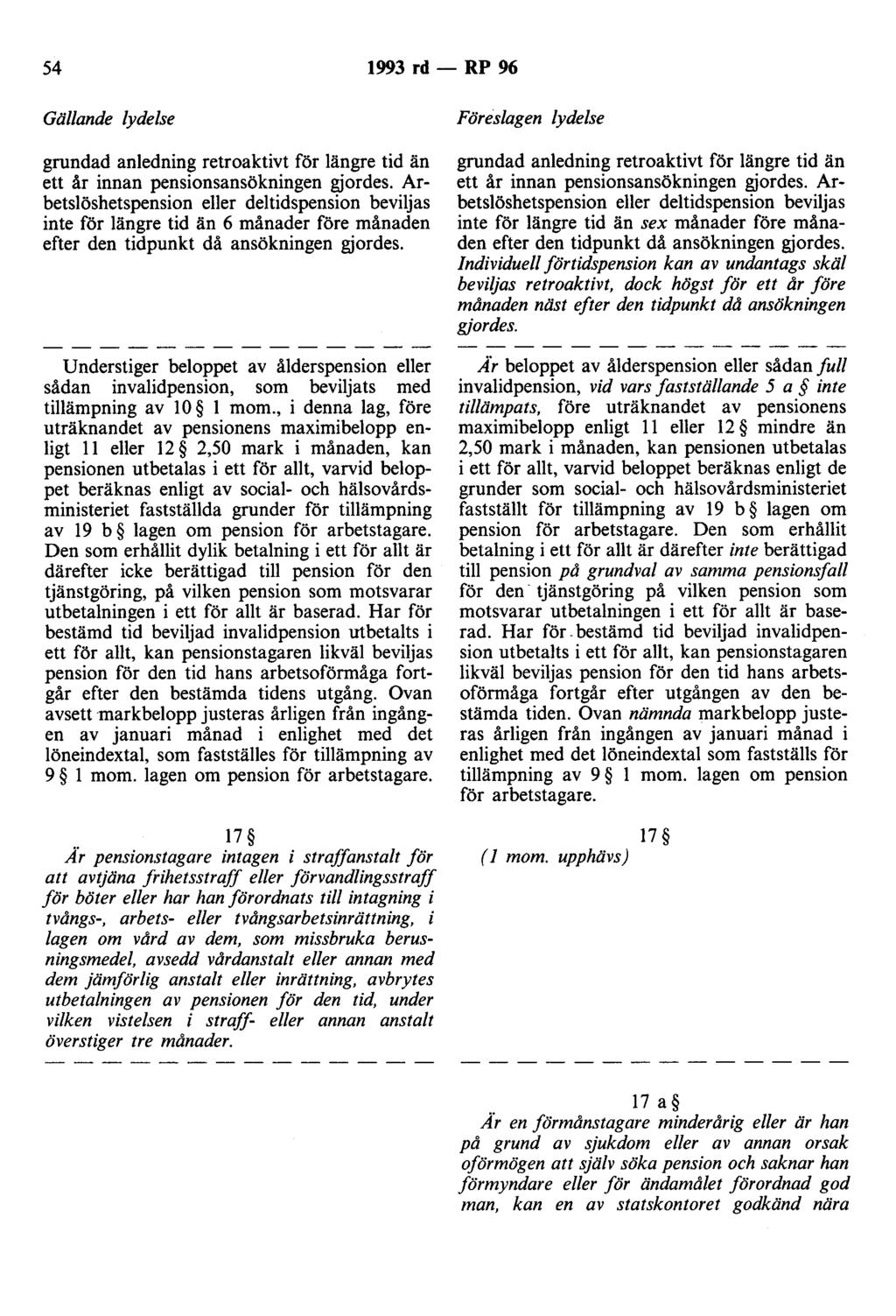 54 1993 rd - RP 96 Gällande lydelse grundad anledning retroaktivt för längre tid än ett år innan pensionsansökningen gjordes.