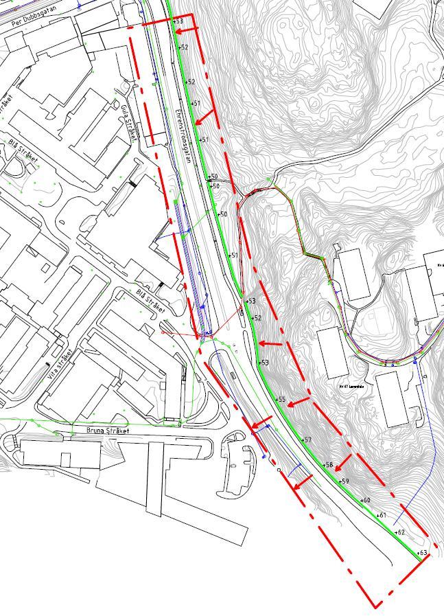 9.8 Delområde 8 Delområde 8 omfattar cirka 3 ha. Befintliga marknivåer varierar mellan +50 och +72. Ett separat ledningssystem för dagvatten finns utbyggt i delområde 8.