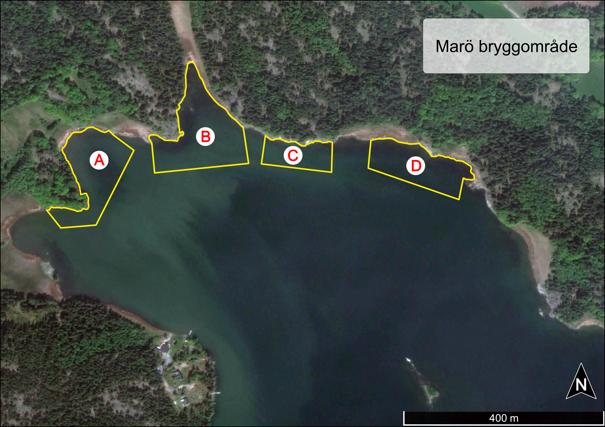 Figur 1: Översiktlig karta över den vik söder om Marö som berörs av det planerade bryggområdet. De fyra delområden A-D som har undersökts är markerade. Bryggområdet planeras i delområde C.