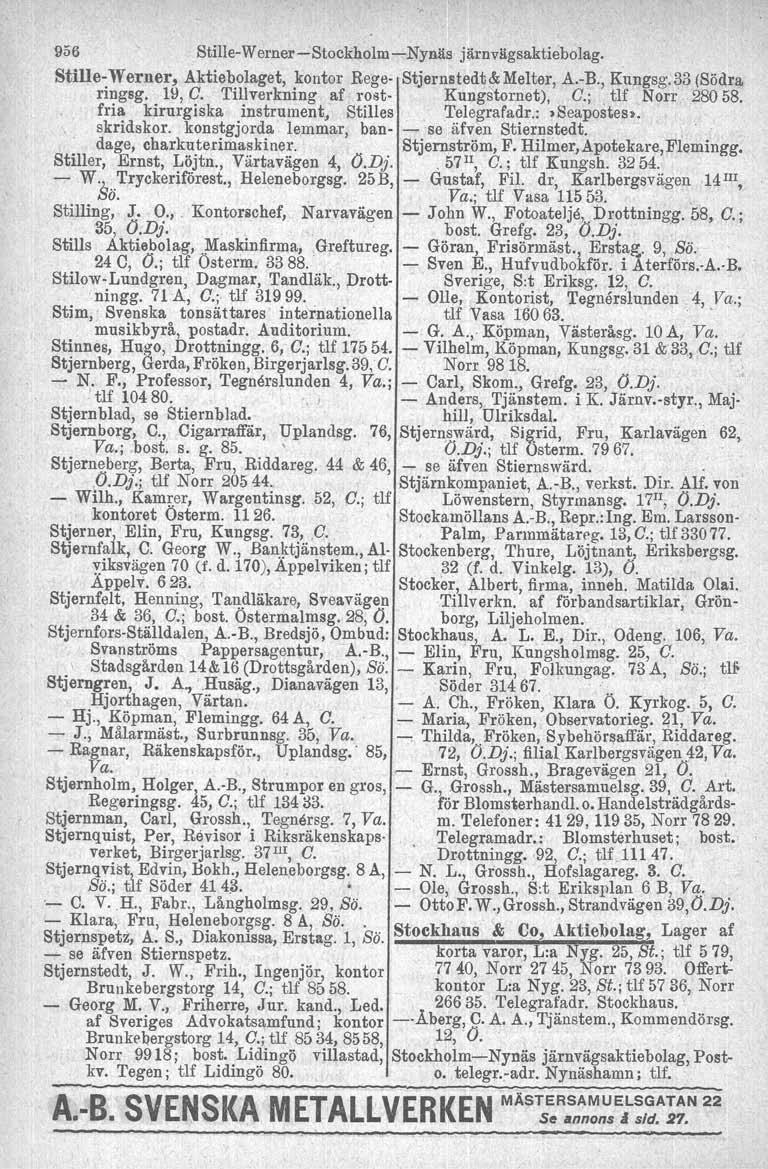 956 Stille- Werner e-stockholm -Nynäs järnvägsaktiebolag. Stille- Werner, Aktie bolaget, kontor Rege- Stjernstedt& Melter, A.-B., Kungsg.33 (Södra ringsg. 19, G. Tillverkning af rost- Kungstornet), G.