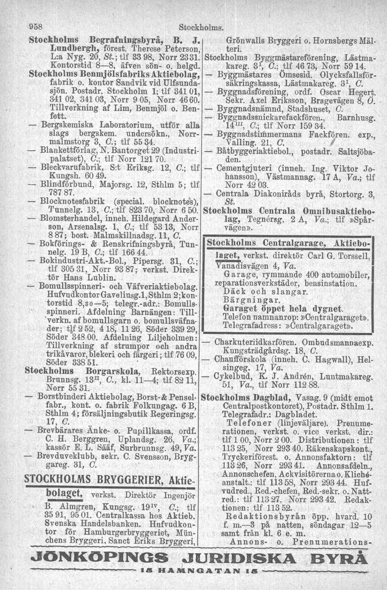öpp. 958 Stockholms. Stockholms Begrafningsbyrå, B. J. Grönwalls Bryggeri o. Hornsbergs Mäl- Lundbergh,.förest. Therese Peterson, teri. L:a Nyg. 20, St.; tif 3398, Norr 2331.