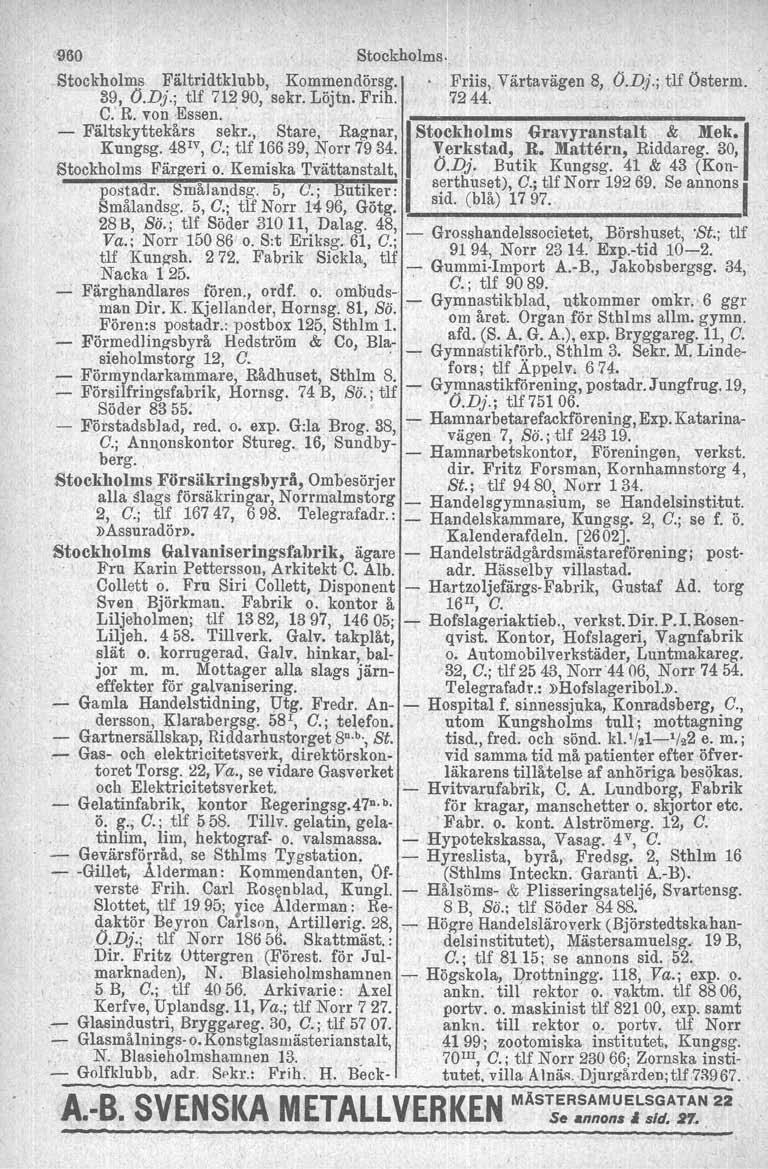o effekter - o o _ og., O - 960 Stockholms. Stockholms Fältridtklubb, Kommendörsg.. Friis" Värtavägen 8, O.D}.; tlf Österm. 89, O.Dj.; tlf 71290, sekr. Löjtn, Frih. 7244., C: R. von Essen.