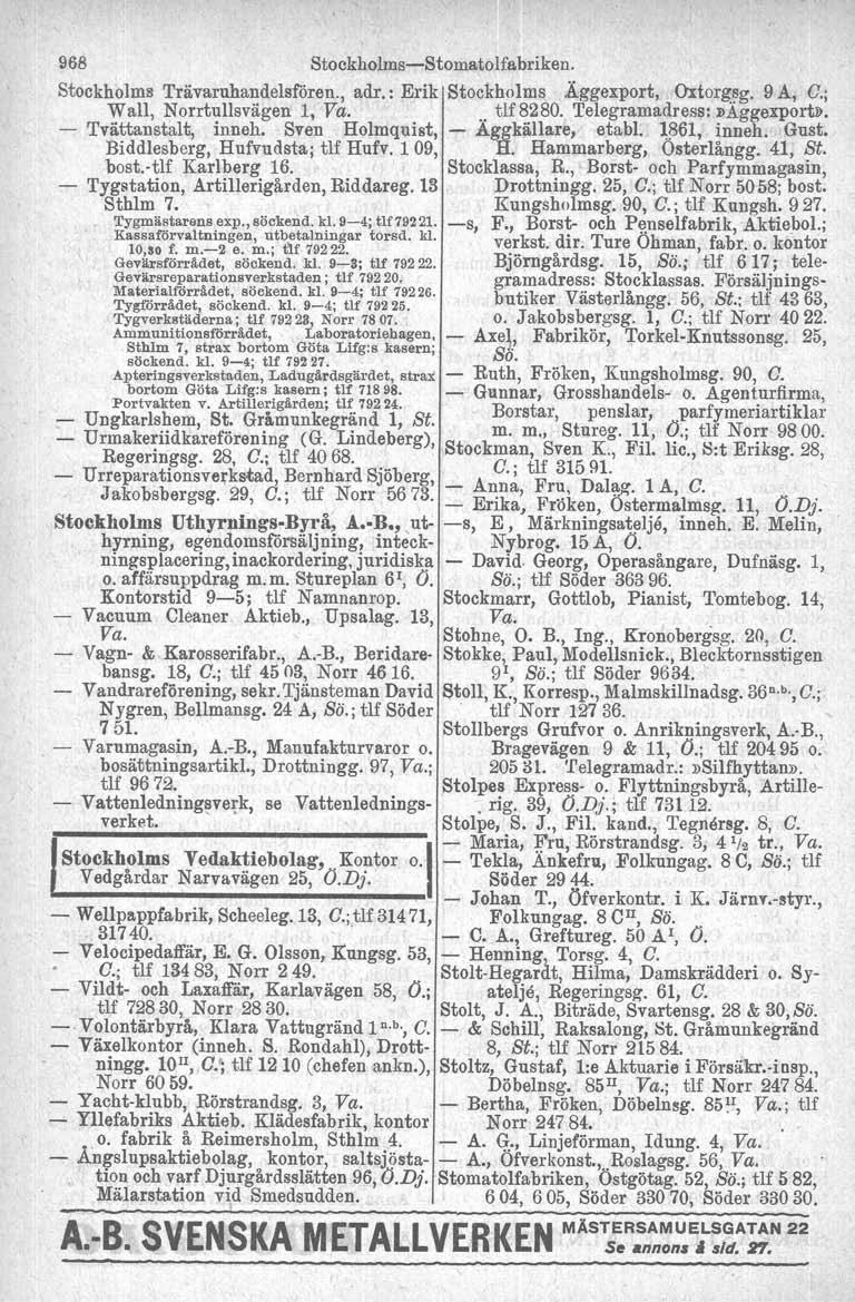 968 Stockholms-Stomatolfabriken. Stockholms Trävaruhandelsf'6ren., adr.: Erik Stockholms Äggexport, OItorg~g. 9 A, O.; Wall, Norrtullsvägen 1, Va... tlf8280. Telegramadress:»Aggexport».