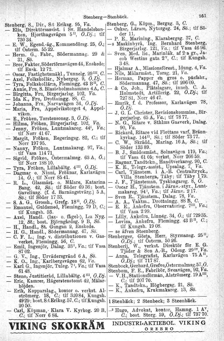 Stenberg--Stenbäck. 951 Stenberg S., Dir., S:t Eriksg. 95, Va. Stenberg, G., Köpm., Bergag. 3, C. _ Elis, Direktörsassist. i Sv. Handelsban- - Oskar, Lärare, Nytorgsg, 24, Bä.; tlf Sö-.