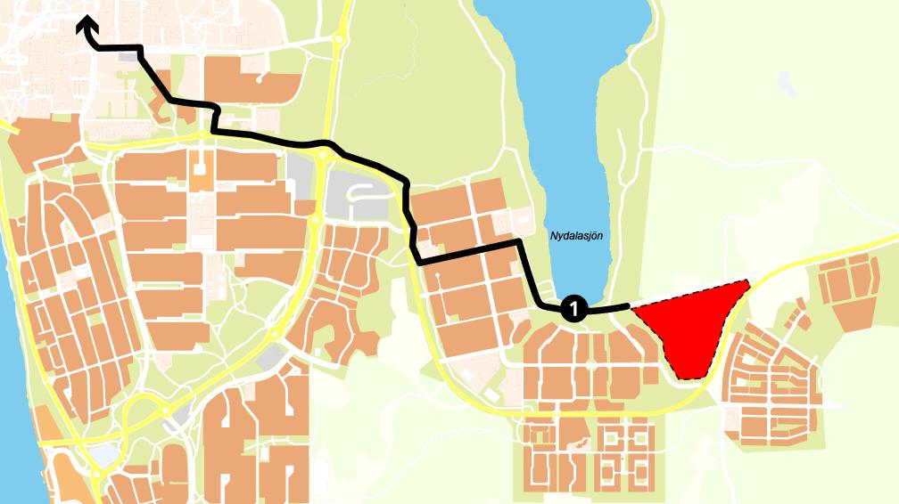 Karta 5 3: Cykelstråket från planområdet mot NUS, Universitetet och vidare mot centrum. Foto 5 4: Cykelvägen söder om Nydalasjön som behöver utvecklas till en pendlingscykelväg.