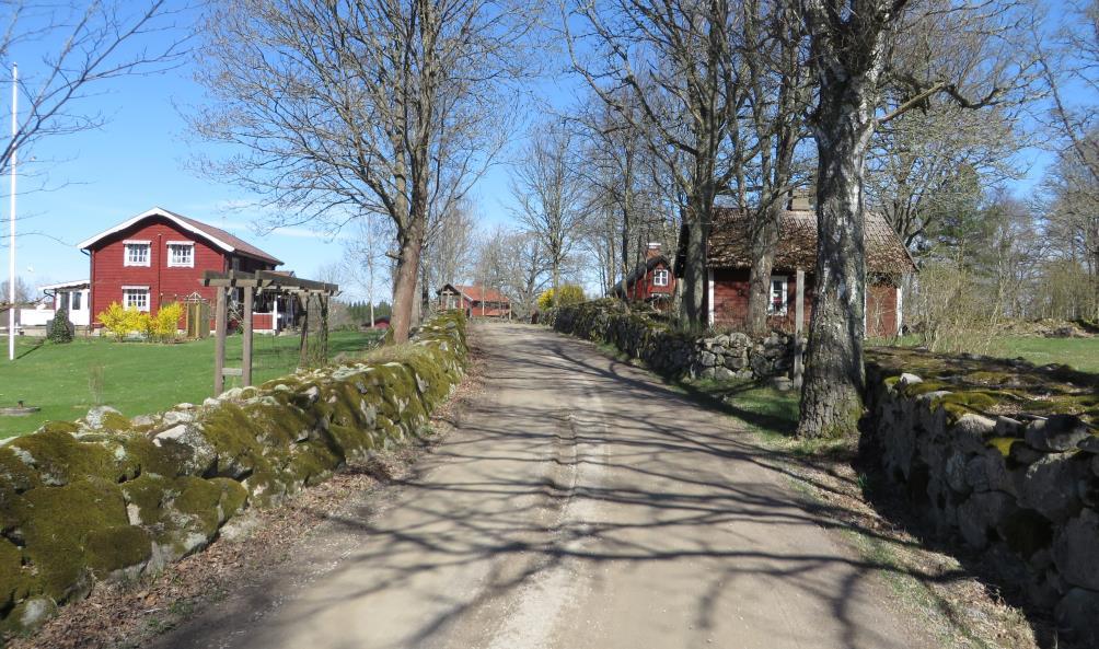Byvägen genom Östra Klippingsbo kantas av stenmurar på ömse sidor.