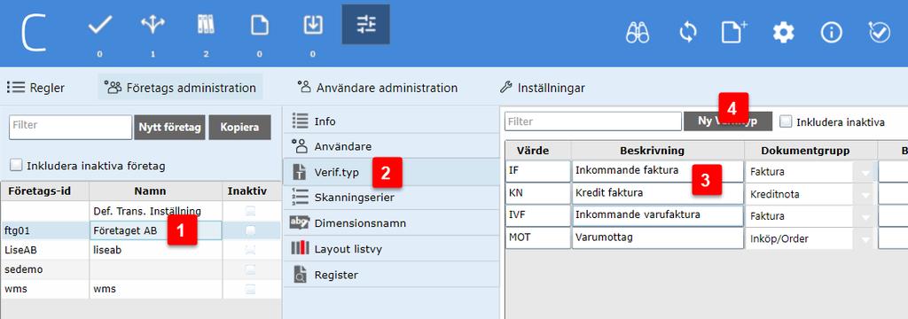 3. På höger sida visas de dokumenttyper som finns tillgängliga. Om installationen är ny hittar du två standarddokumenttyper, IF och KN, som du kan använda om de passar. 4.