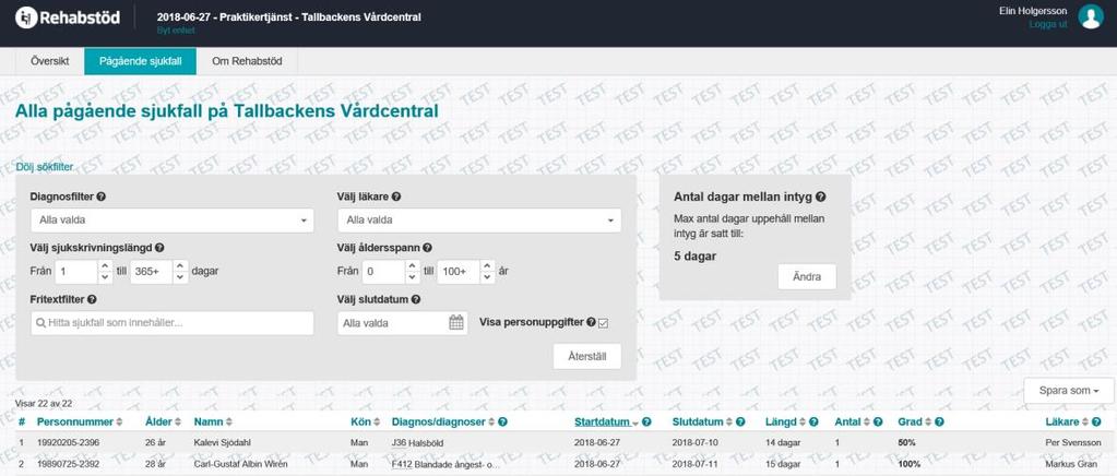 Figur 5. Filterfunktioner och sjukfallstabell Titta på en enskild patient genom att klicka på raden i sjukfallstabellen.