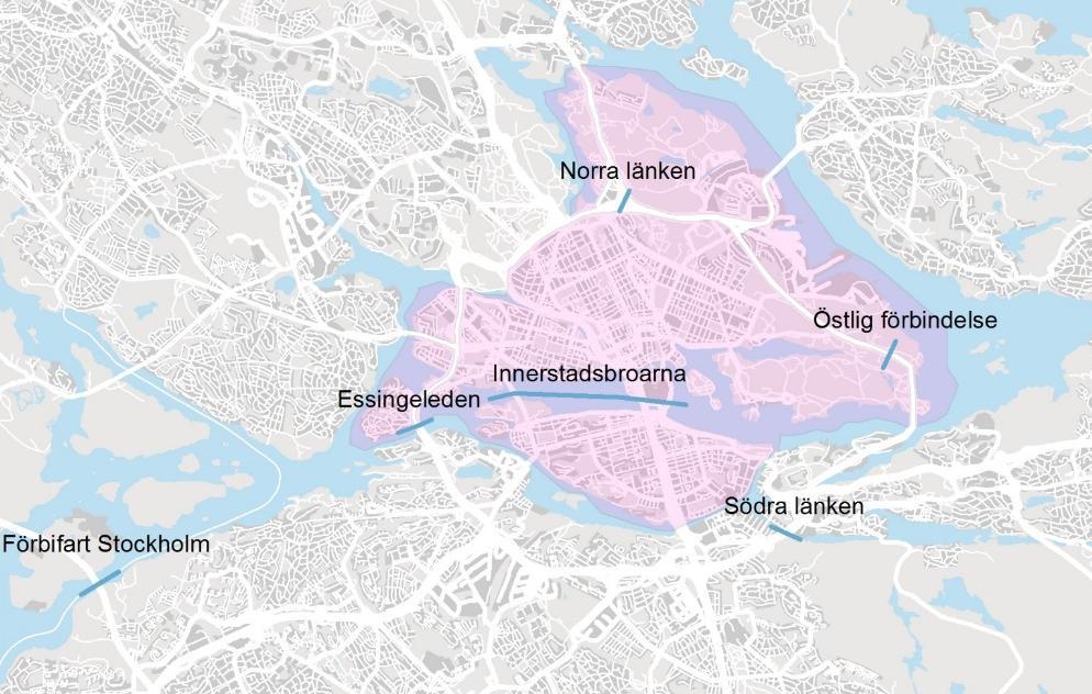 Figur 4. Betalsnitt för trängselskatt efter att Östlig förbindelse öppnat för trafik (år 2031 och framåt). Innerstadszonen är markerad med rosa färg. Tabell 1.