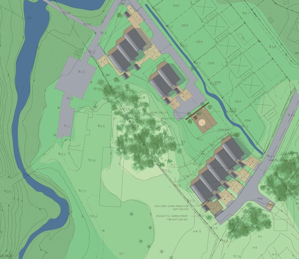 FAKTA Utvändig beskrivning radhusgrupperna Södra gruppen Norra gruppen Gruppen om 5 radhus planeras längst i söder i svagt sluttande terräng.