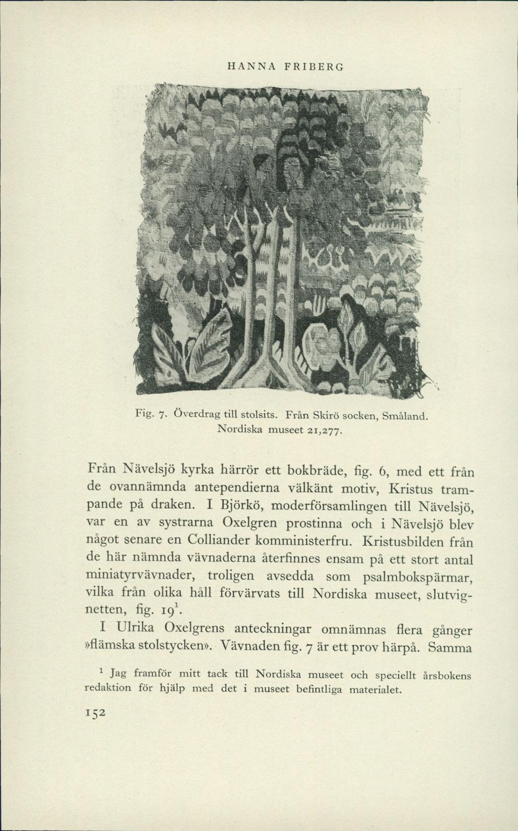 HANNA FRIBERG wm r h Fig. 7. Överdrag till stolsits. Från Skirö socken, Småland. Nordiska museet 21,277. Från Nävelsjö kyrka härrör ett bokbräde, fig.