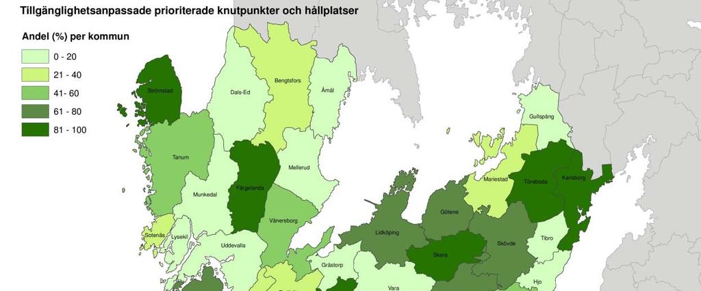 Figur 15 Andel anpassade hållplatser i det prioriterade nätet per kommun i Västra Götaland år 2014 3.