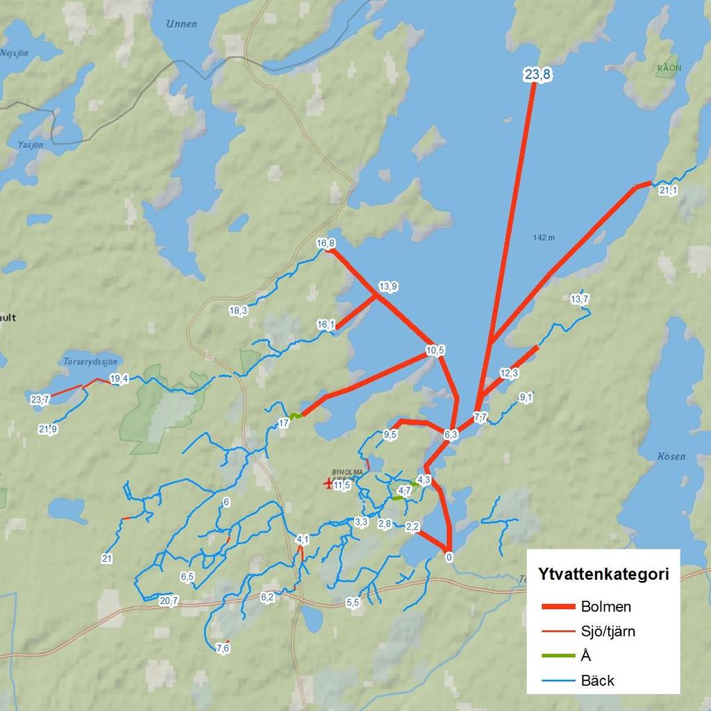 Figur 4-1. Indelning av ytvattenkategorier i transportsegment. Siffror avser beräknad (se nedan) ackumulerad rinntid/transporttid i timmar till råvattenintaget.