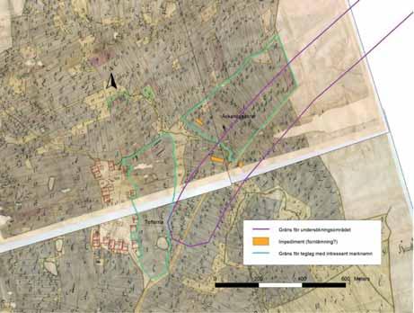I 1767 års karta karta finns å andra sidan en intressant markering i åkermark något nordöst om bäckpassagen.