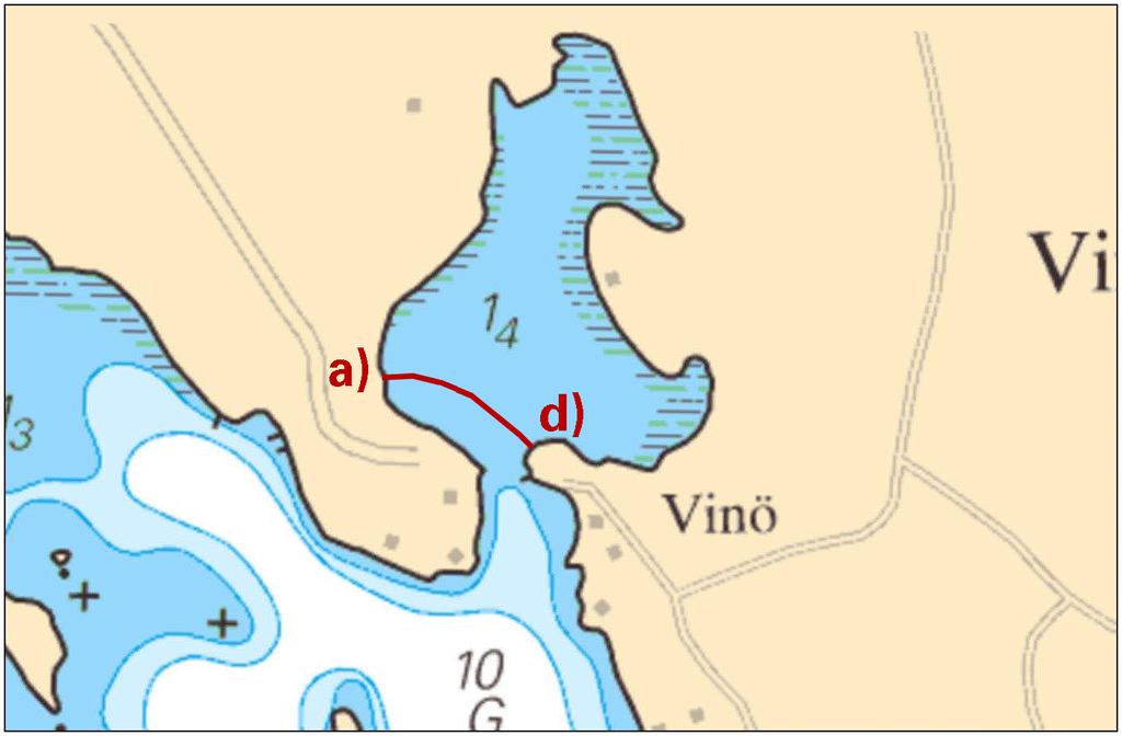 Inför sjökabel för el mellan a) och b) enligt sjökortsbild a) 57-53,780N 016-32,753E b) 57-53,771N 016-32,861E c) 57-53,758N