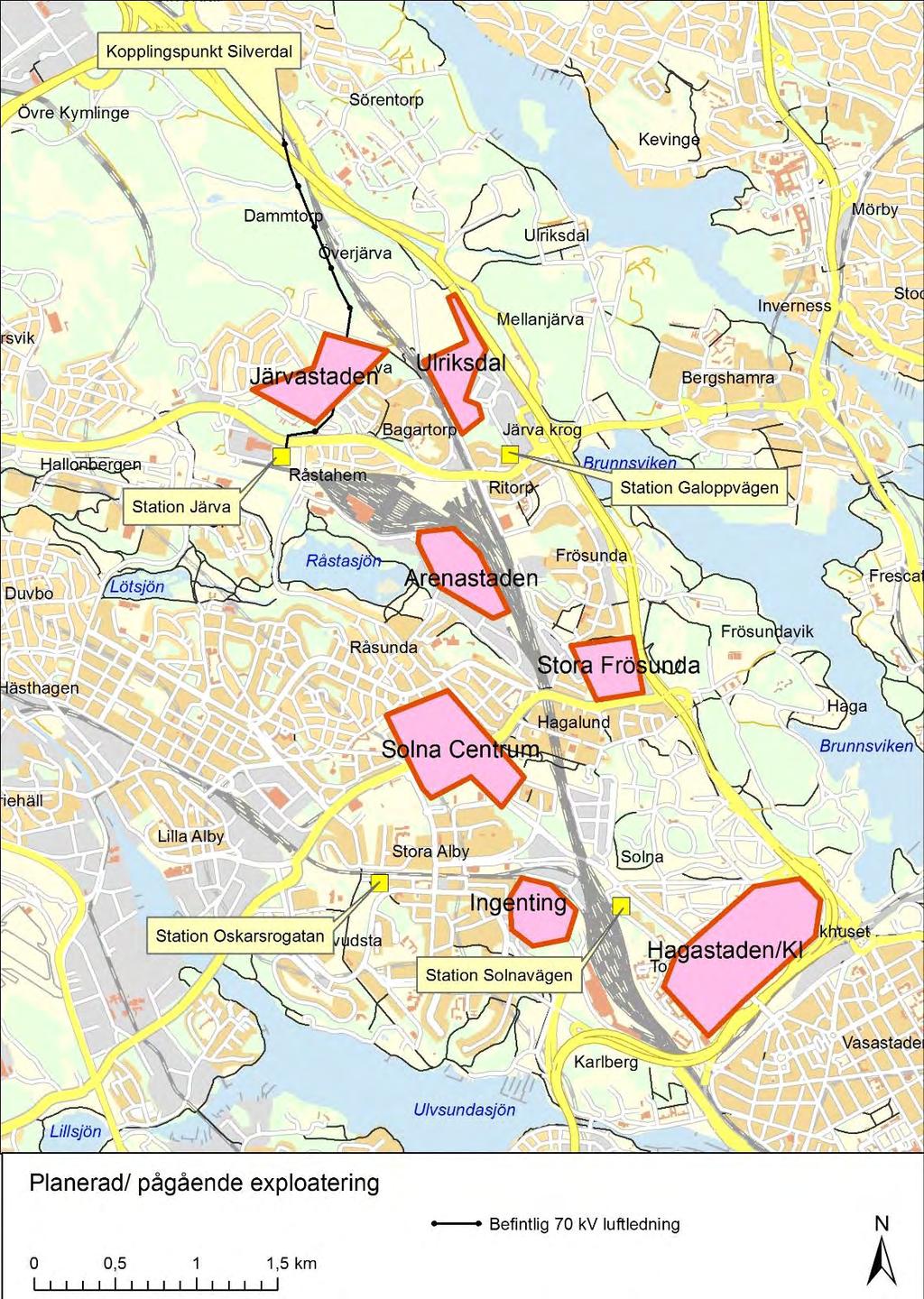 Figur 2. Karta över områden inom Solna stad där exploateringar planeras eller pågår. 1.