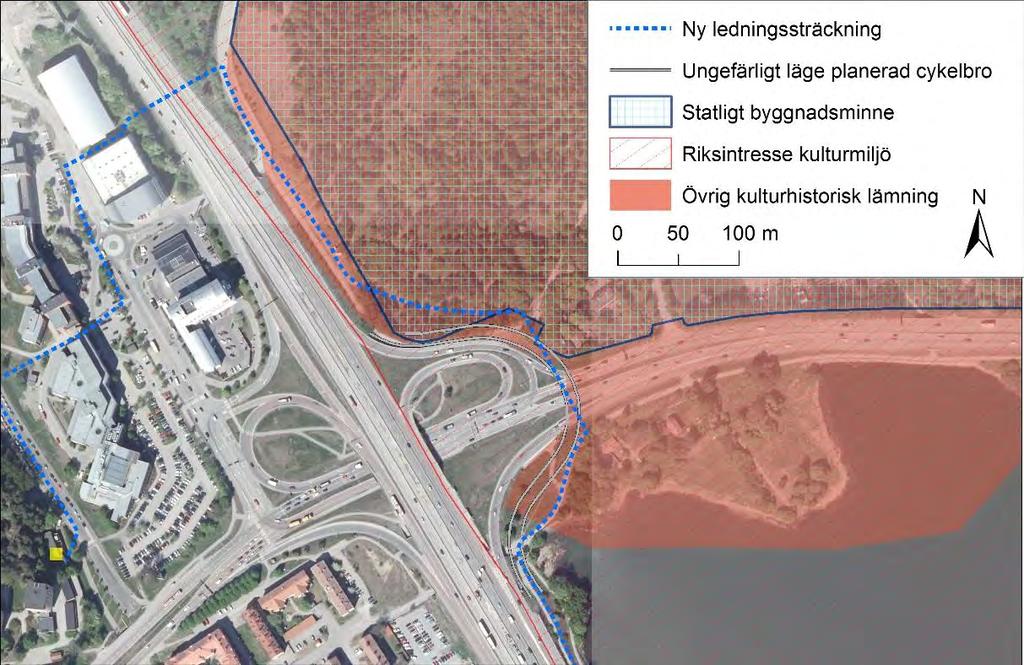 8.3 Kulturmiljö 8.3.1 Delsträcka norr, Galoppvägen Solnavägen Beskrivning Ledningssträckningen berör längs större delen av sträckningen ett riksintresse för kulturmiljö (RiksKultur).