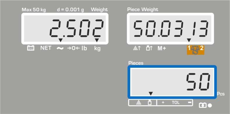 Räkning av stycken Lägg material som ska vägas och läs av antalet stycken. Exempel på indikeringar modell CFS 6K0.