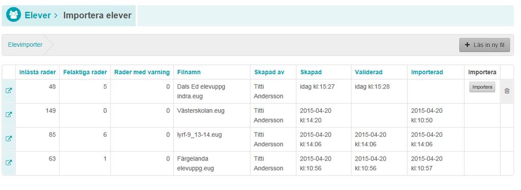 Öppna listan över felaktigheter genom att klicka på importen i