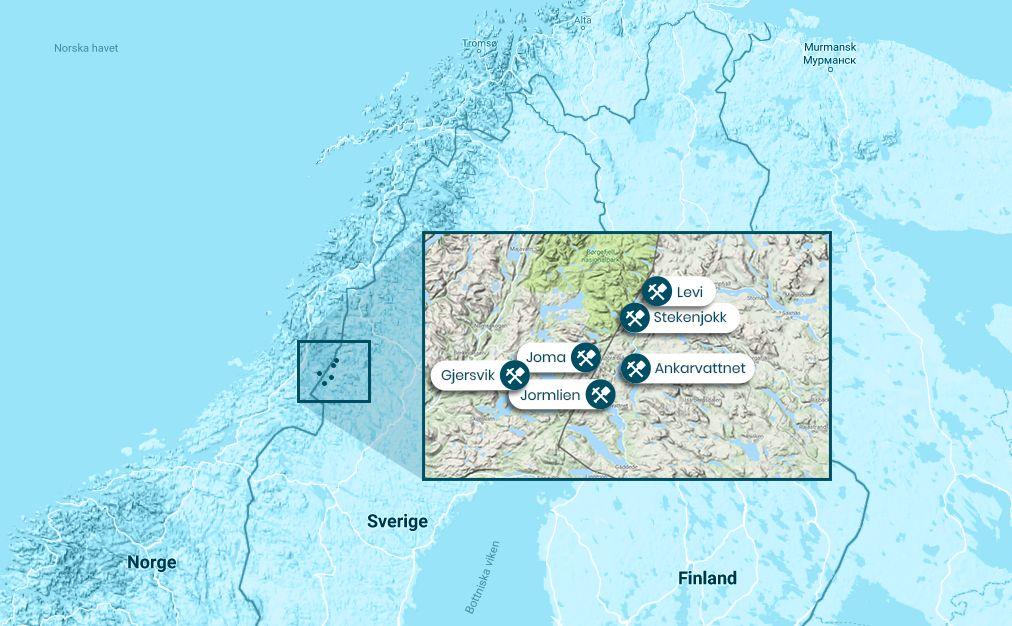 18 VILHELMINA MINERAL Memorandum 2018 Projekt Bild: Bolagets projektportfölj Sverige Stekenjokk och Levi Projekten Stekenjokk och Levi ligger i Västerbotten nära gränsen till Jämtland och Norge.