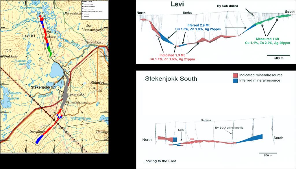 19 VILHELMINA MINERAL Memorandum 2018 Stekenjokk och Levi-projektet består av tre olika mineraliseringar: Stekenjokk Norra som är utbruten under den tidigare perioden av gruvdrift, samt Stekenjokk
