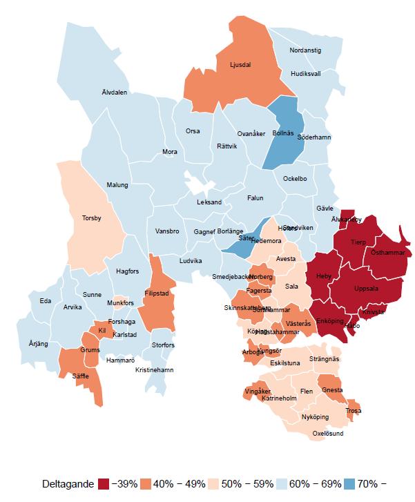 NKCx Årsrapport 2018 med data till 2017 76 På kommunnivå varierar andelen kvinnor som fått sin inbjudan i tid och deltagande efter inbjudan starkt, det är inte samma kommuner som har högre andel med