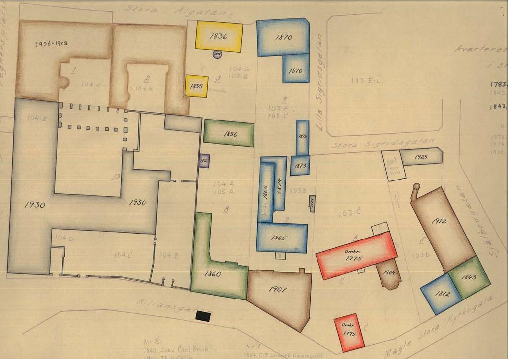Figur 5. Kiliansgatan och kvarteret Sankt Mikael med undersökningsschaktet markerat med svart fyrkant. Från en inventering av Lunds kvarter och bebyggelse. Ur Kulturens LB-arkiv.
