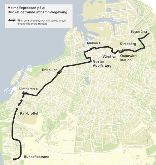 4.3 MalmöExpressen med eldrift Linje 4 Bunkeflostrand/Limhamn-Segevång 4.3.1 Ett stadsbusskoncept med MalmöExpressen på sträckan Bunkeflo/ Limhamn-Segevång med bussar med hög kapacitet samt hög framkomlighet och eldrift exempelvis slide in teknik.