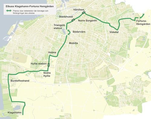 7.1 Bussar med hög kapacitet med eldrift exempelvis slide in-teknik och framkomlighetsåtgärder på sträckan Klagshamn-Fortuna Hemgården. Linjen är ca 24 km lång. 4.7.2 Investeringskostnaden bedöms av Kommunen till ca 280 miljoner kronor i 2016 års prisnivå.