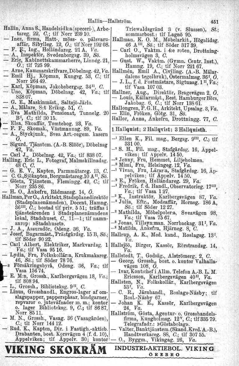 Hallin-Hallström. 451 Hallin, Anna S., Handelsidk:a(speceri-), Arbe- 'I'riewaldsgränd 3 (v. Slussen), St.; tareg. 22, O.; tlf Norr 23910.' sommarbost. : tif Lagnö 95.. - Inez.. firma, Hatt-, möss- o.