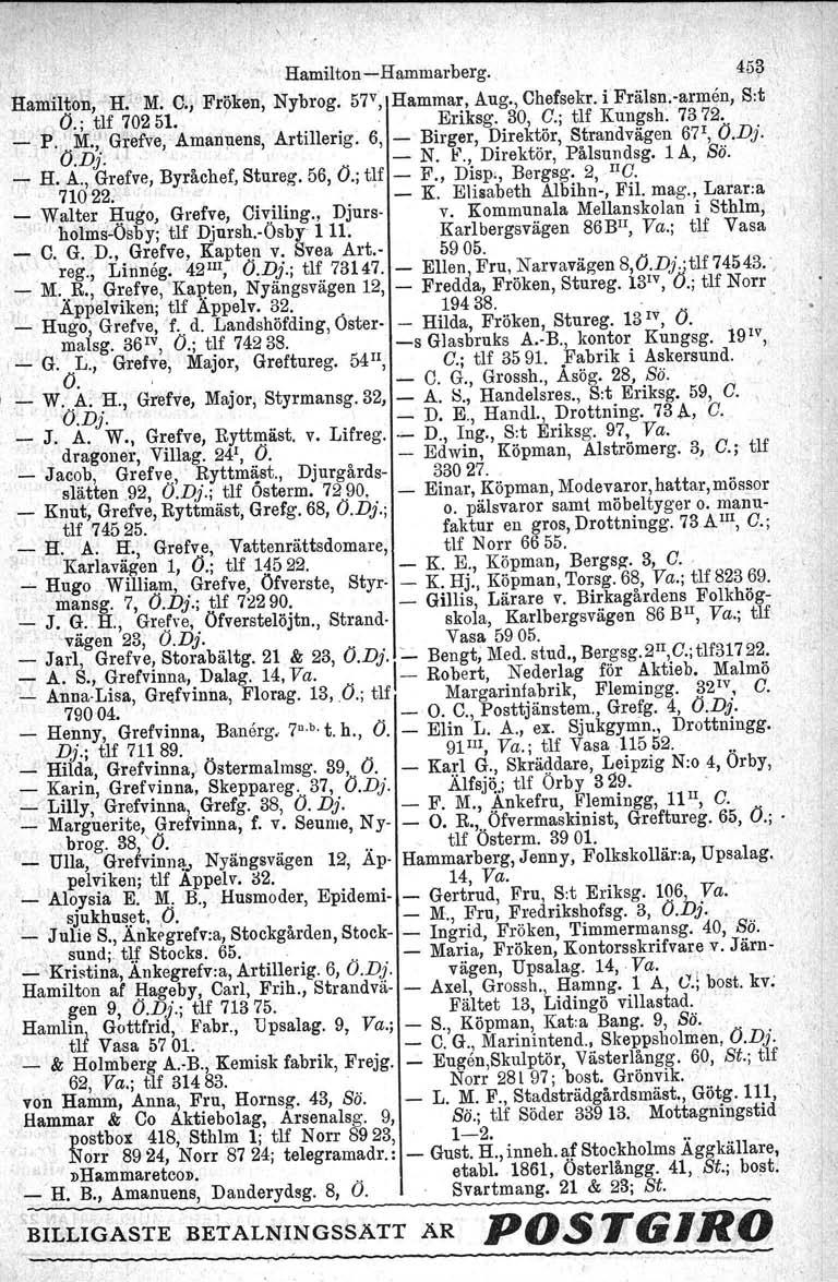 ,, Hamilton-Hammarberg. 453 Hamilton, H:' M. C.,, Fr\iken, Nybrog. 57v, Hamma~, Aug., Chefsekr. IFrälsn-armen, S:t O.; tlf 70251. ' Enksg. 30, G.; tlf Kungsh. 7372., _ P. '.M.,' Gtefve, -Amanuens, Artillerig.