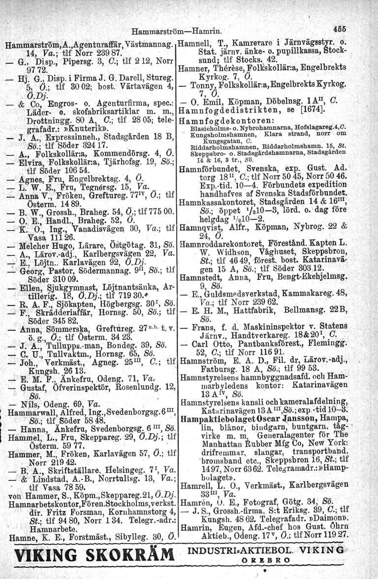 Hammaretröm-e-Hamriu. 455 Hammarström,A.,Agentuiaffär,Västmannag. Hamnell, T., Kamrerare i Järnvägsstyr. o'. 14, Va.; tlf Norr 23987. Stat. järnv. änke- o. pupillkassa, Stock- _ G., Disp., Pipersg.