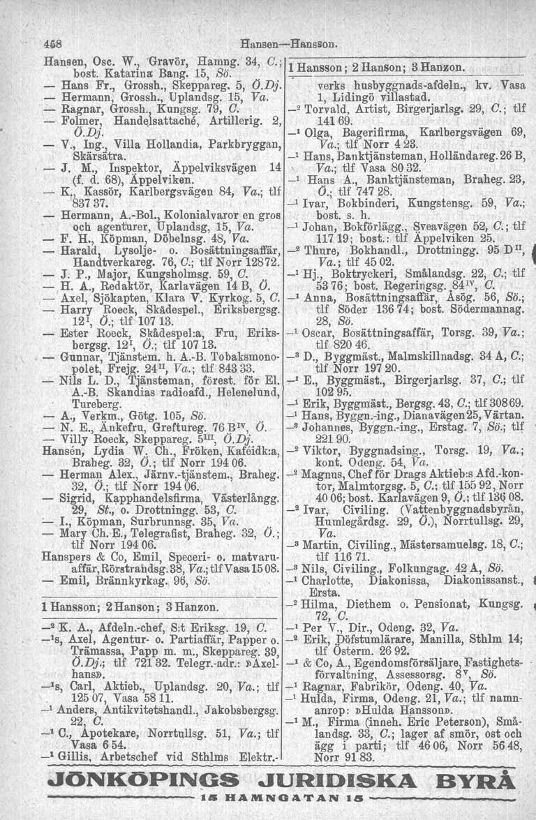40'S Hansen-Hansson. Hansen, Osc, W., 'Gravör, Hamng.' 34, G.; 1 Hansson; 2 Hanson; 3 Hanzon. bost. Katarina: Bang. 15, Bö.. ------_-------- - Hans Fr., Grossh., Skeppareg. 5, O.Dj.
