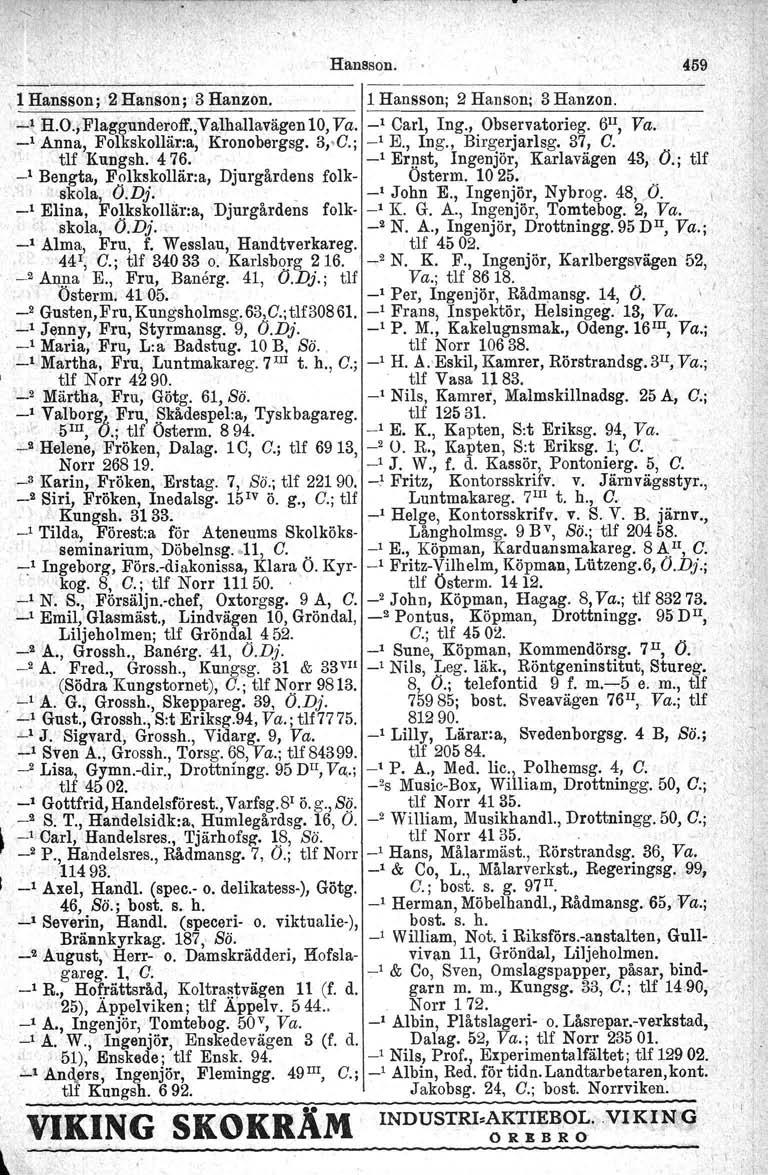 " 'Hansson. 459 \ 1 HanSson; '2 Hanson; 3 ~anzon. 1 Hansson; 2 Hanson; 3 Hanzon. -~H.O.;Flaggunderojf.,Valhallavägen10, Va. _l Carl, Ing., Observatorieg. 6 li, Va.