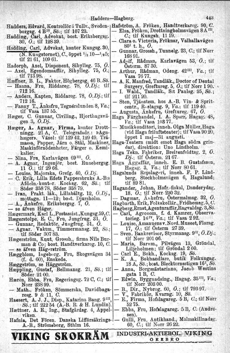 L, Hadders-e-Hagberg. / 443 'Ha:iHler,sIJEdvard;Koutrollör.i 'Pul'lv., Sveden- Hafström, A. Fröken,. Handtverkareg, 90, C. borgsg. 4 RIv, Sälj'tlf 10723.
