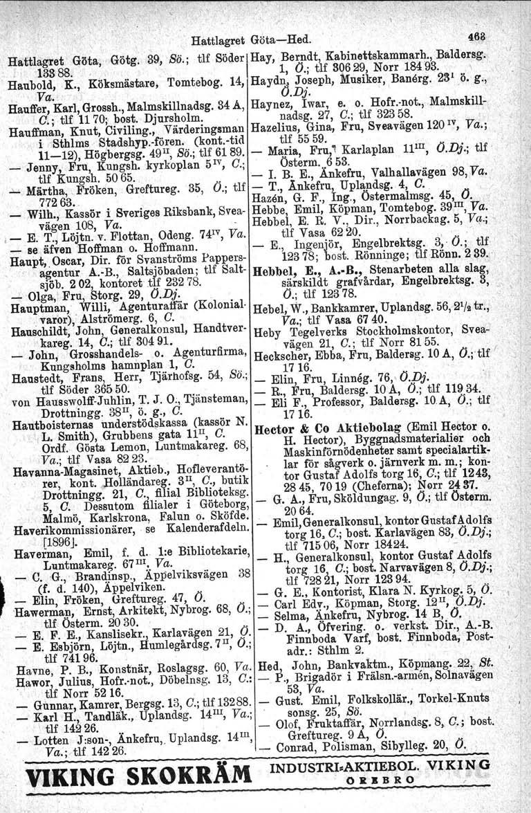 , ' Hattlagret Göta-Hed, 46~ Hattlagret Göta, Götg. 39, Bä.; tlf SöderlHay, Berndt, Kabinettskammarh., Baldersg., 13388., " l, O.; tlf 30629, Norr 184 "93.., Haubold,K., Köksmästare, Tomtebog.
