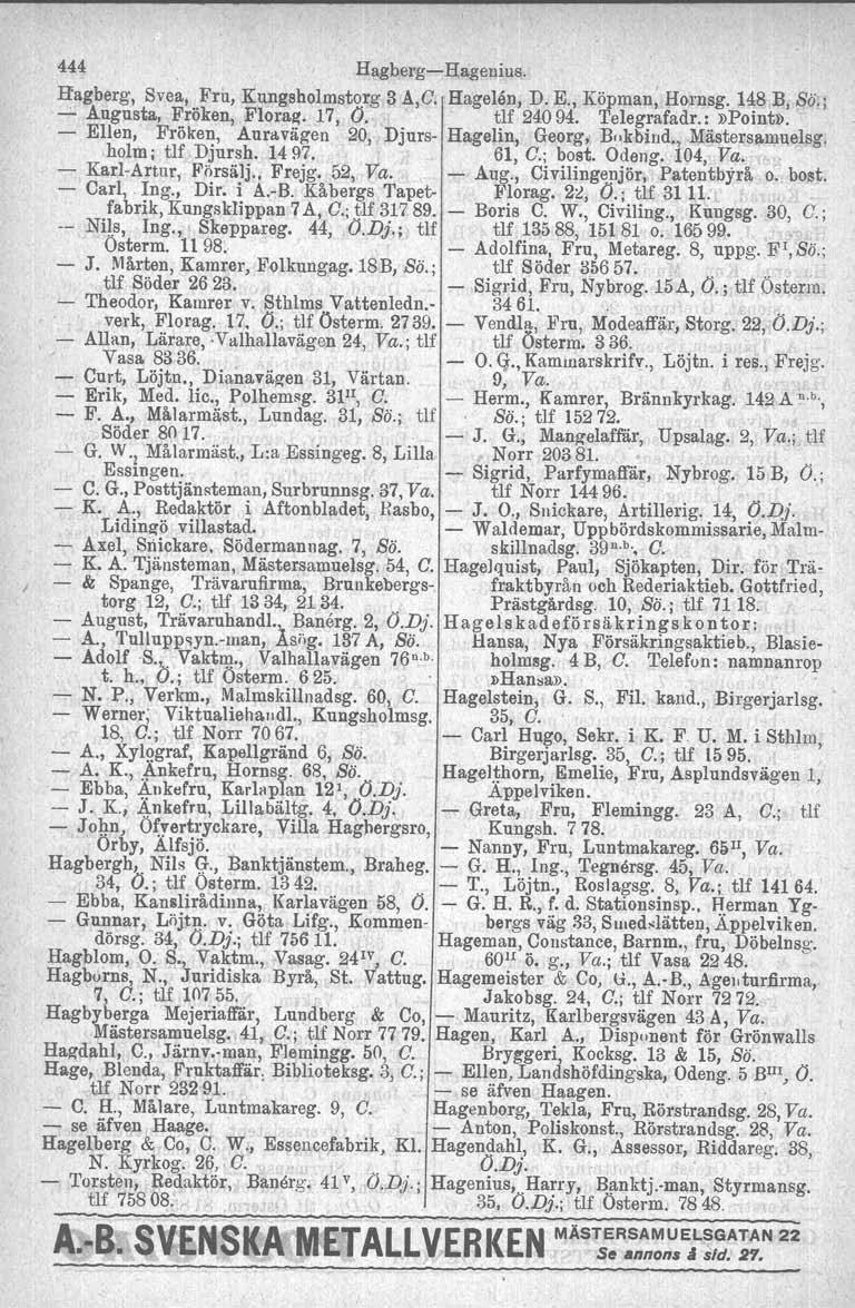 I 444 Hagberg-Hagenius. Hagberg, Svea; Fru, Kungsholmstorg 3 A,C. Hagelen, D. E., Köpman, Homsg. 148 B, ss., -'- Augusta. Fröken, Ploraa. 17, O. tlf 24094. Telegrafadr. :»Point».